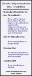 With ME and Chronic Fatigue Syndrome diet can ease symptoms. Links to 4 diets. Hypoglycaemia, liver healing diet /detox, managing candida, food sensitivity help