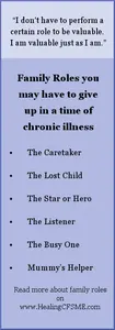 A list of family roles from family systems therapy. Let go of behaviours that make it hard to live well with chronic illness. Psychology self help to raise self worth. 