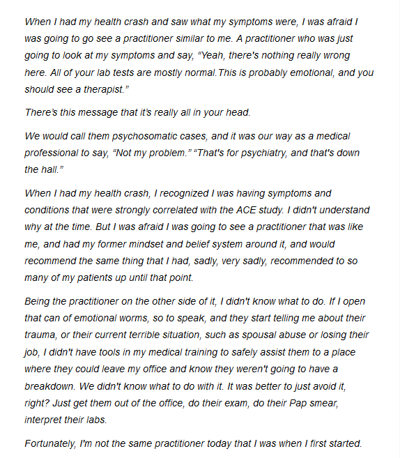 Dr's quote on her previous dismissal of symptoms without lab test results.