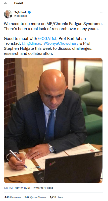 Quote about Myalgic Encephalomyelitis. UK Health Secretary acknowledges lack of funding for research