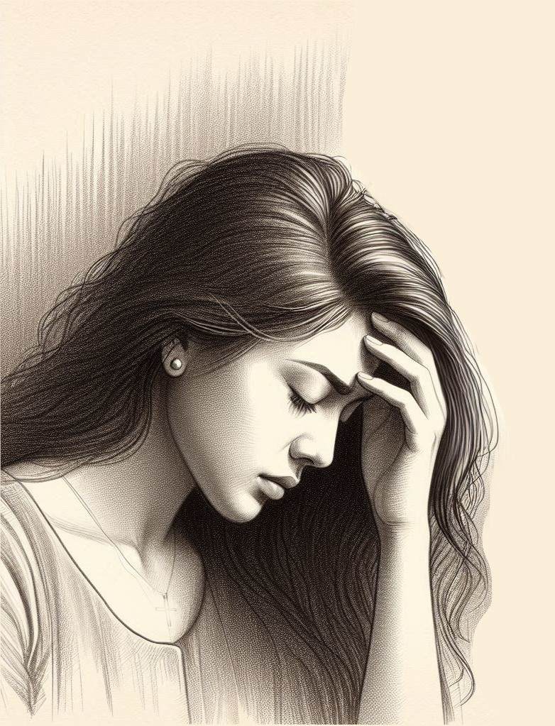 Young woman with head in hands Chronic illness too much to cope with. Young woman looking fed up.