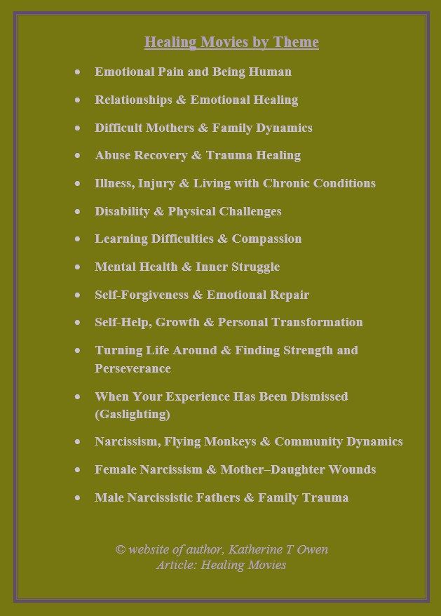 Healing Movies by Theme list graphic showing categories such as emotional pain, relationships, trauma healing, chronic illness, disability, mental health, self‑forgiveness, personal growth, gaslighting, and narcissistic family dynamics.