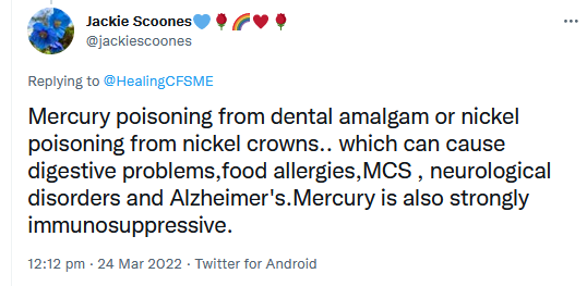 Tweet to Katherine Owen, in reply to the request for causes of Myalgic Encephalomyelitis symptoms.
