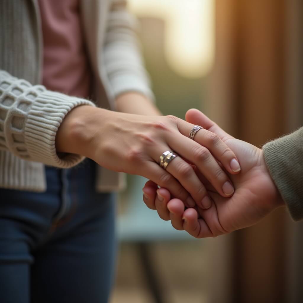 Living with chronic illness usually requires being open to receiving help. A supportive scene of one person offering a hand to another, conveying kindness, acceptance, and shared humanity; soft focus, warm colours.